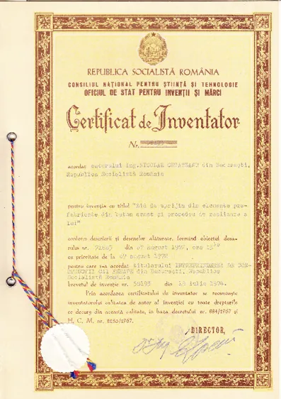 Certificat de inventator acordat ing. Nicolae Cetățeanu pentru invenția Zid de sprijin din elemente prefabricate din beton armat și procedeu de realizare a lui