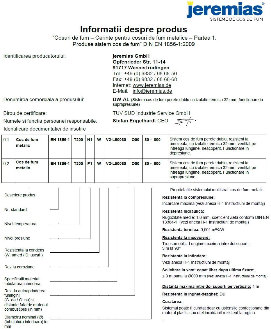 Fișă de informații despre produs pentru un coș de fum metalic Jeremias, cu notarea după EN 1856-1 și explicarea fiecărui simbol