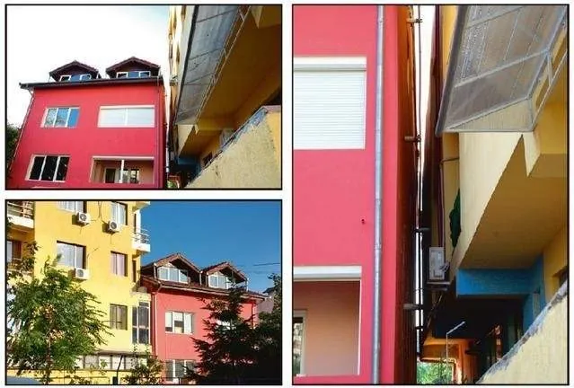 Colaj de fotografii cu două clădiri, una roșie și una galbenă, foarte apropiate
