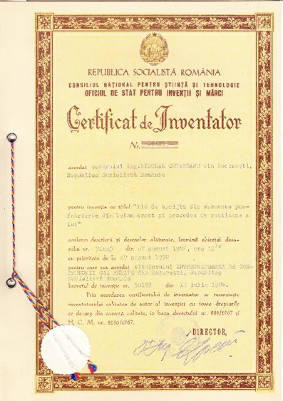 Certificat de inventator al ing. Nicolae Cetățeanu